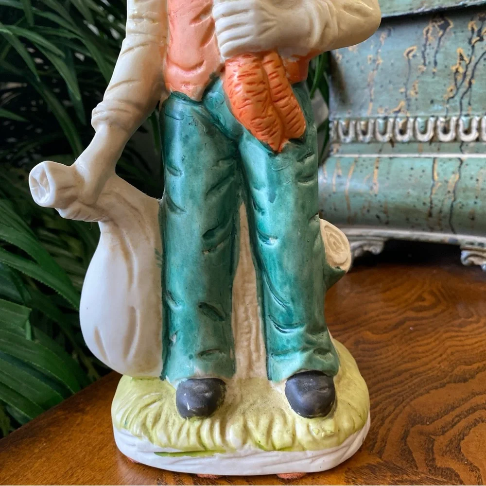 Vintage Ceramic Farmer Figurine in Green and Orange